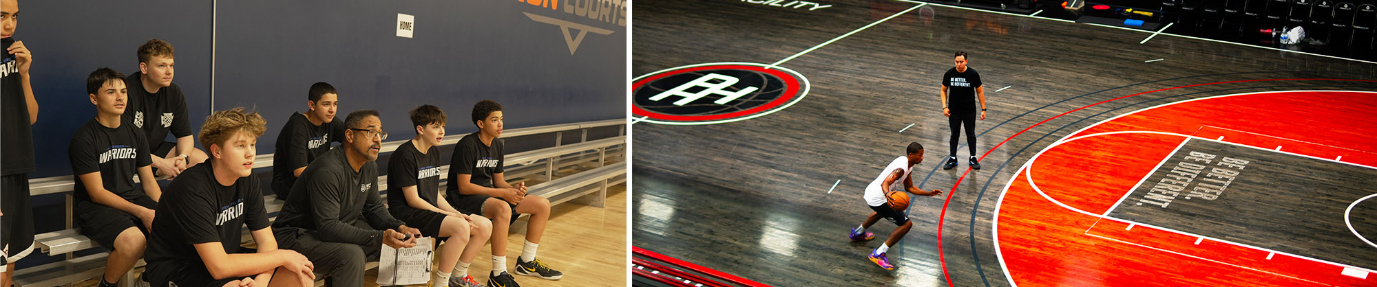 Photo collage of basketball team on bleachers and game